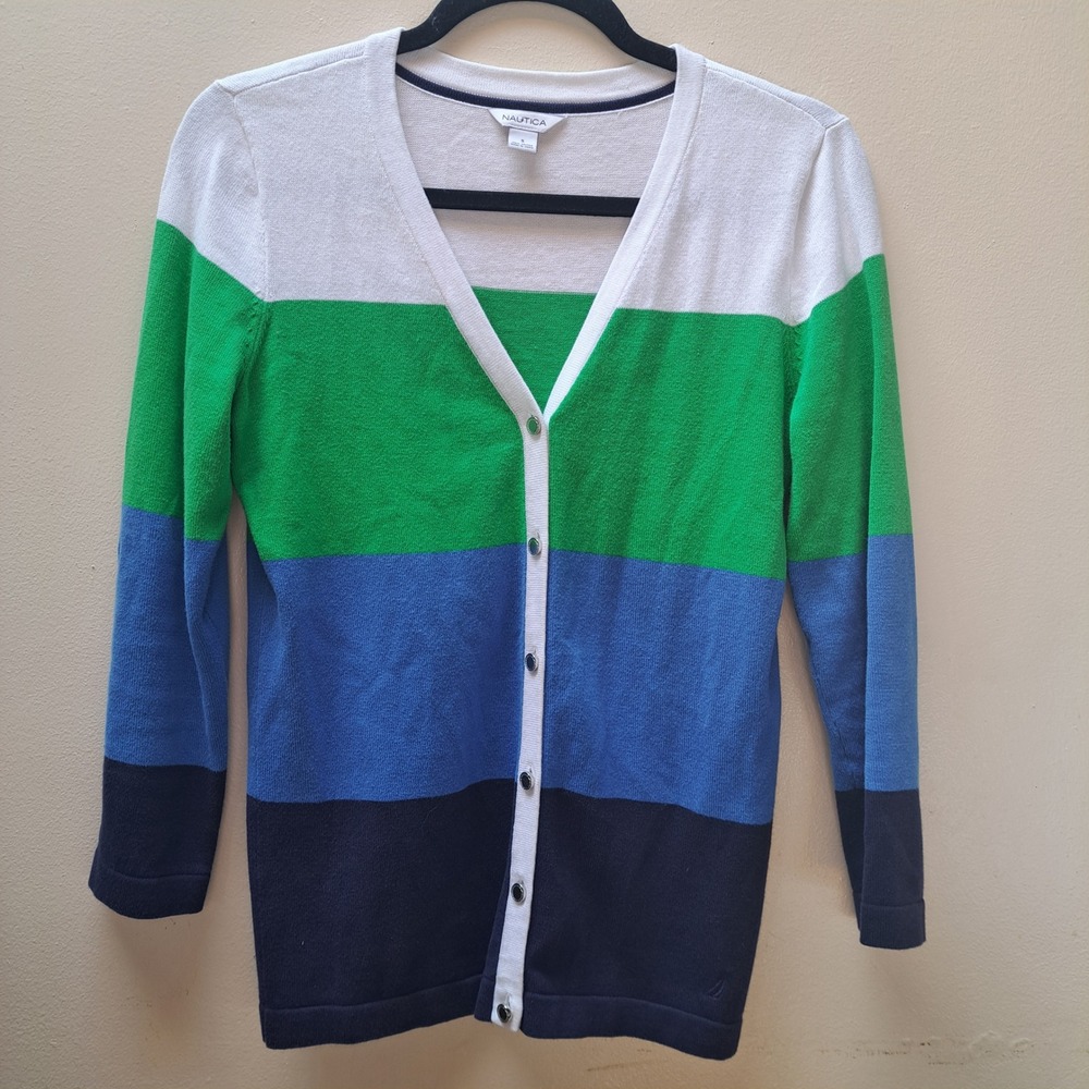 Nautica Womens Colorblock Cotton V-Neck Cardigan Sweater Blue Green White S
